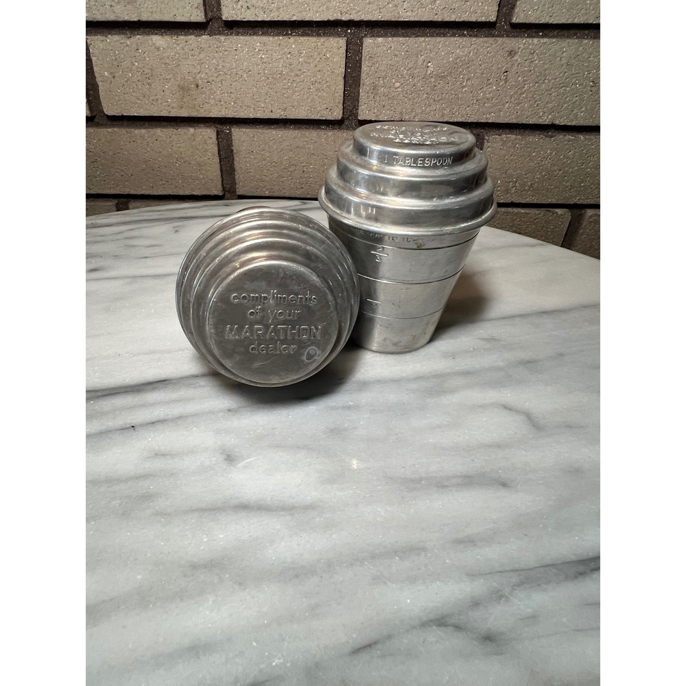 Vintage Mirro Aluminum Marathon Dealer Measuring Cups Set of 2 Gas Station Promo